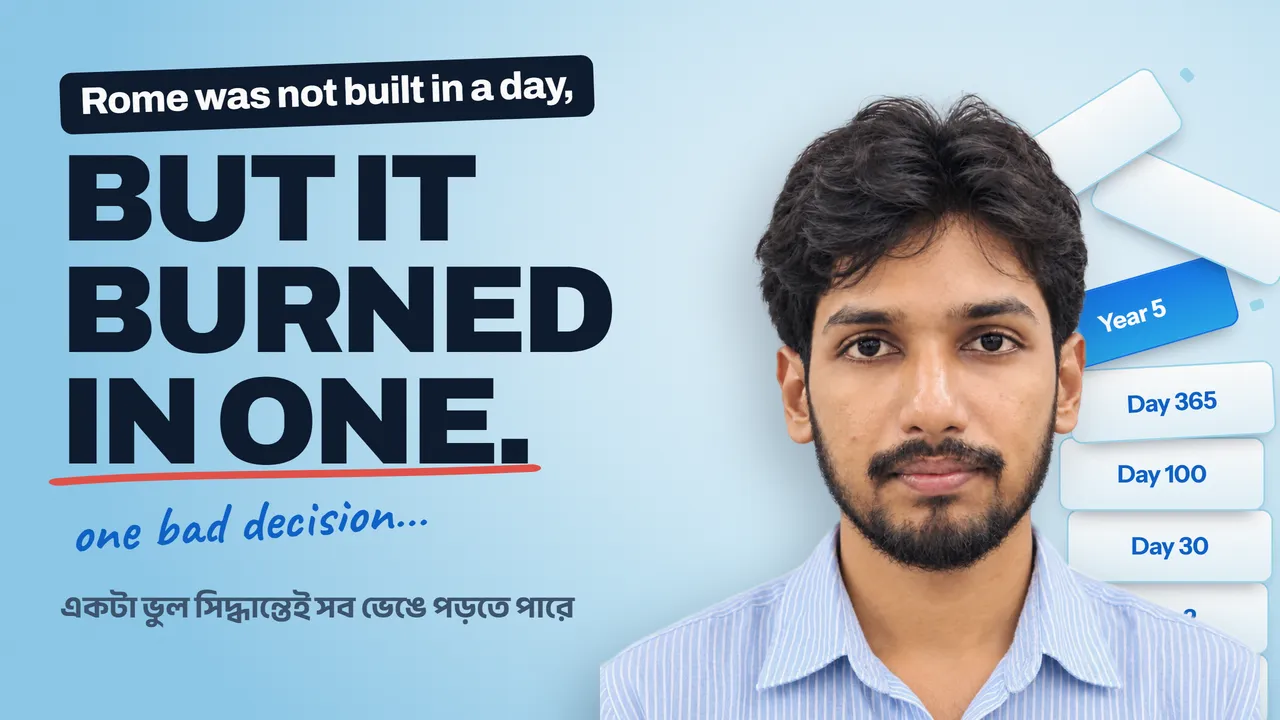 Mohammad Faysal in a blue striped shirt beside a toppling tower of bricks labelled Day 1 to Year 5, with the words: Rome was not built in a day, but it burned in one.